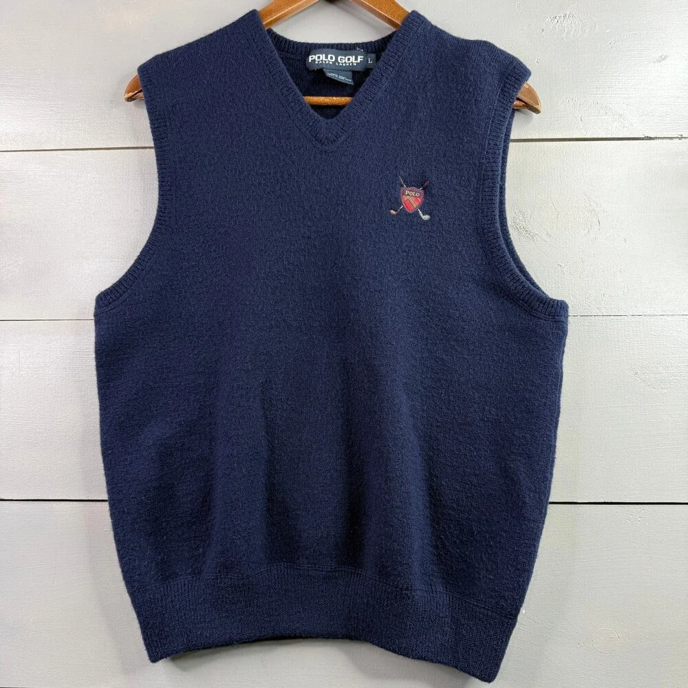 Polo Golf Ralph Lauren Sweater Vest Mens L Navy Wool Crest V Neck Vintage